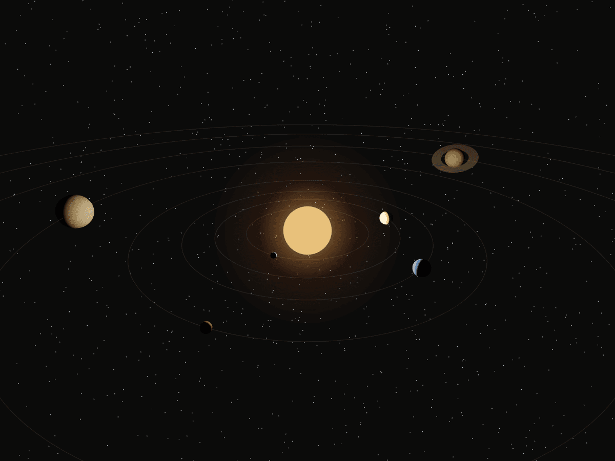 Planetary System, eight planets in lit, shadowed orbit around a glowing sun.